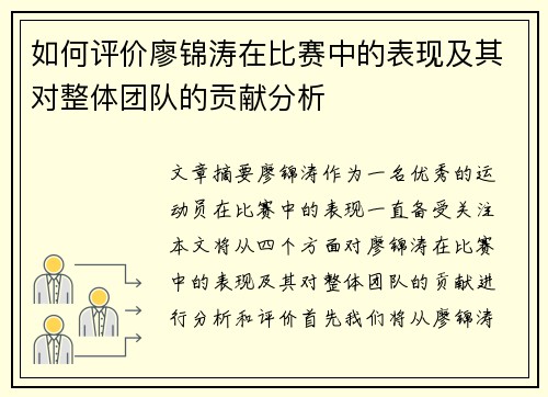 如何评价廖锦涛在比赛中的表现及其对整体团队的贡献分析